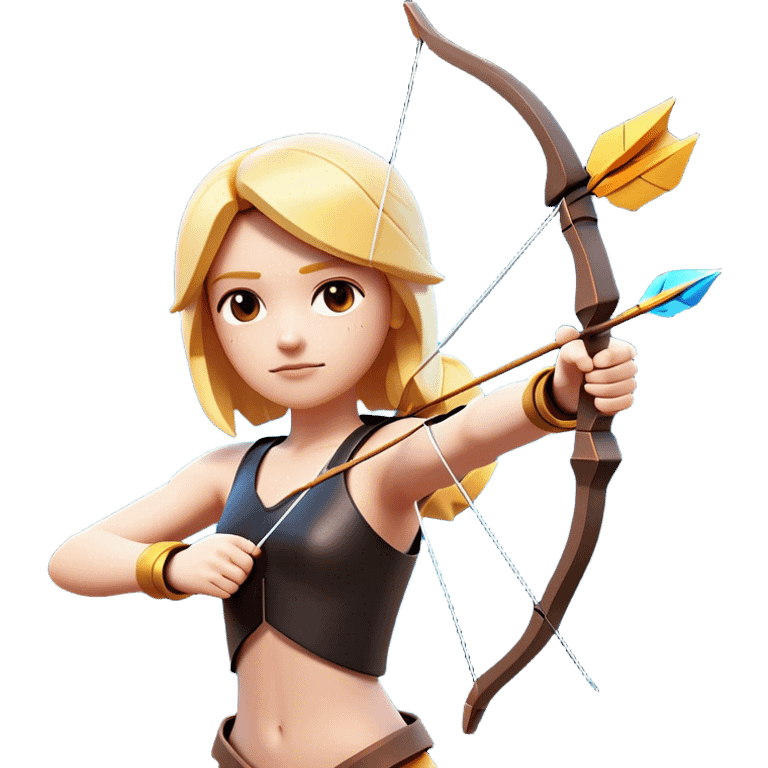 Clash of Clans aesthetic: Cinematic Playful Pixel 3D Bow & Arrow Portrait Emoji, rendered in a 3D vector-style similar to standard emojis with minimal shading and bold, simplified shapes. A compact, distinct form with signature details, softly glowing with a pixelated adventure charm. Simplified yet unmistakably iconic, highly detailed and consistent, glowing with a soft radiance and high shine. Stylized with a touch of classic pixel-art charm and a soft glowing outline, capturing the essence of a beloved gaming relic with a friendly, playful manner! emoji