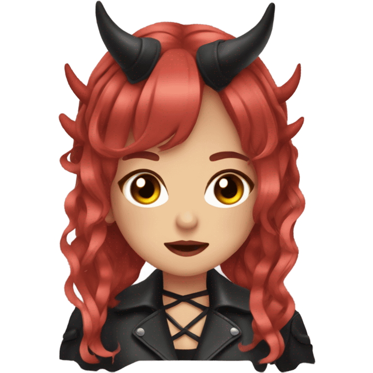 demon hime gyaru girl, red hair, black eyes, oni horns, leather coat emoji