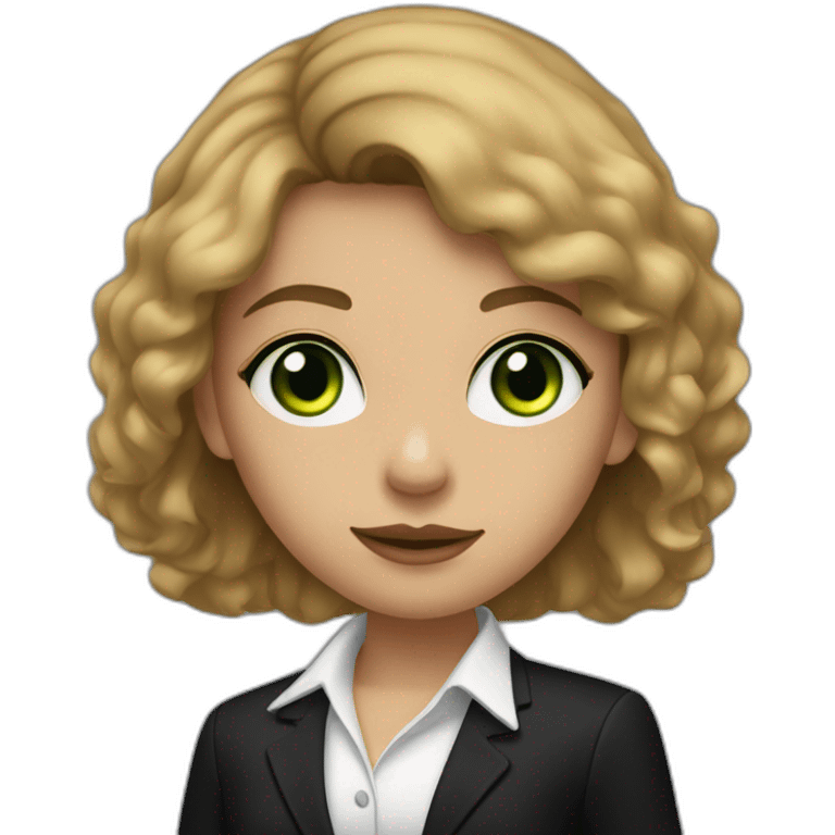 Vertaalresultaat A light skinned girl with a short brown lock of hair in front of her face with green eyes wearing a black suit and black shoes and black pants emoji