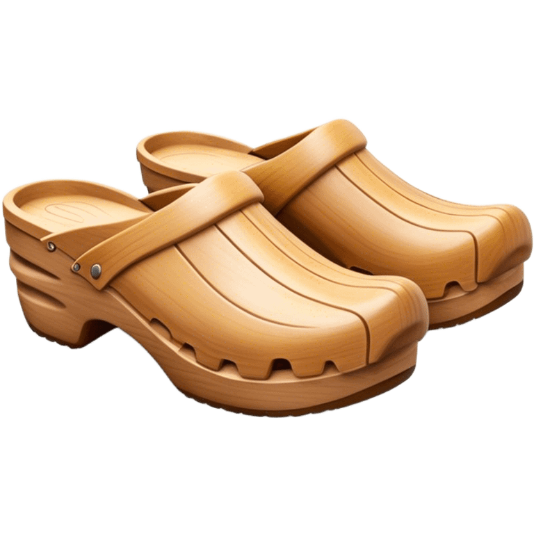 Cinematic Realistic Wooden Clogs Emoji, depicting the classic handcrafted footwear with a smooth, curved design and sturdy wooden soles, rendered with rich textures and warm, natural lighting. emoji