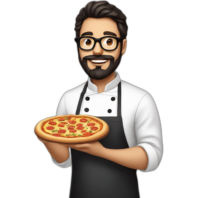 Dark haired 30 years old chef with beard and big glasses proudly holding a pizza emoji