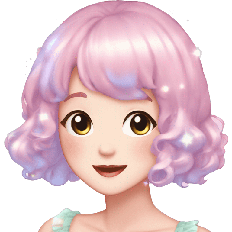 Gorgeous anime style lady blushing face dreamy idol model colorful shiny sparkle kawaii pastelcore cottagecore pearly petite simplistic aesthetic trending style emoji