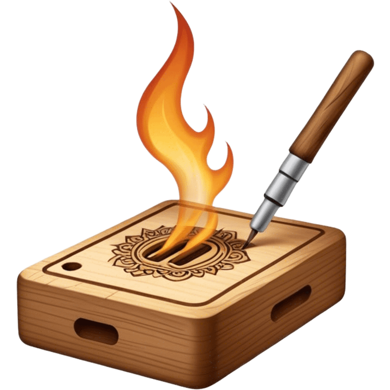 Pyrography icon, wooden surface with intricate burn marks, detailed patterns being burned into wood with a pyrography tool, smoke rising, minimalistic style, clean lines, transparent background. emoji