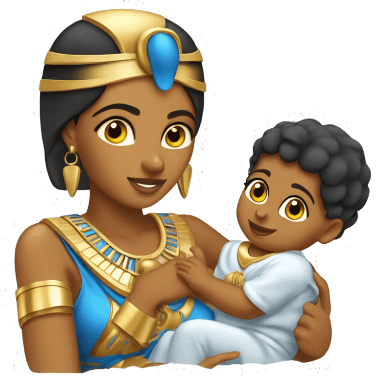 Egyptian female pharaon playing with a baby, tanned skin, golden blue costume emoji