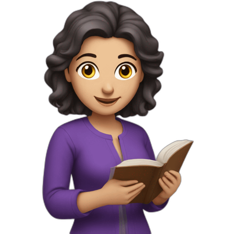 Armenian women with the purple clothes reading book and looking at camera and smiling  emoji