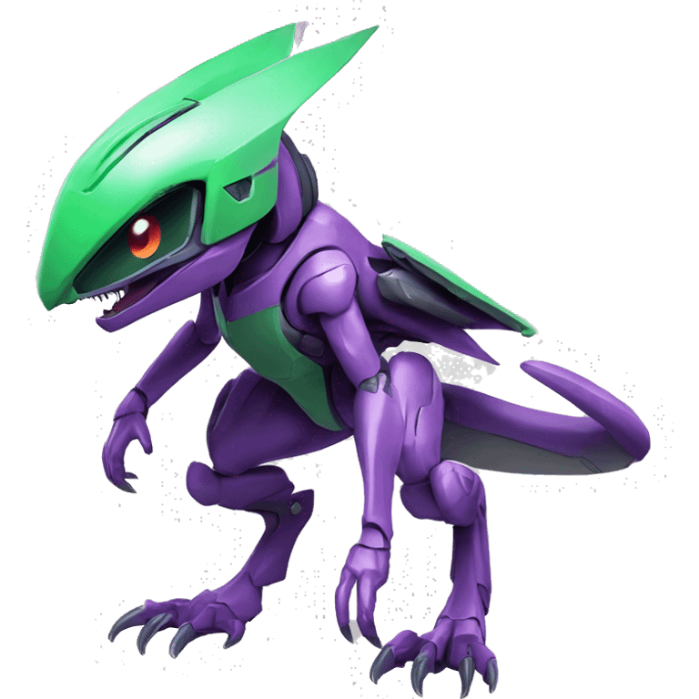 a purple-green- Genesect-Raptor-Fakémon—hybrid with a futuristic visor-helmet full body emoji