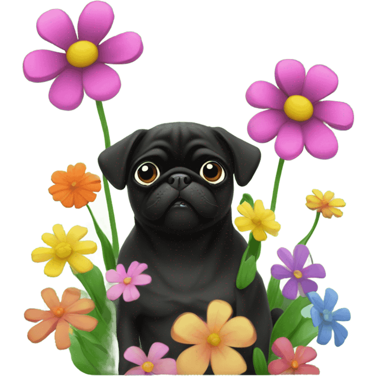 Black pug , surrounded by flowers, holding a green sign that says “good luck”  emoji