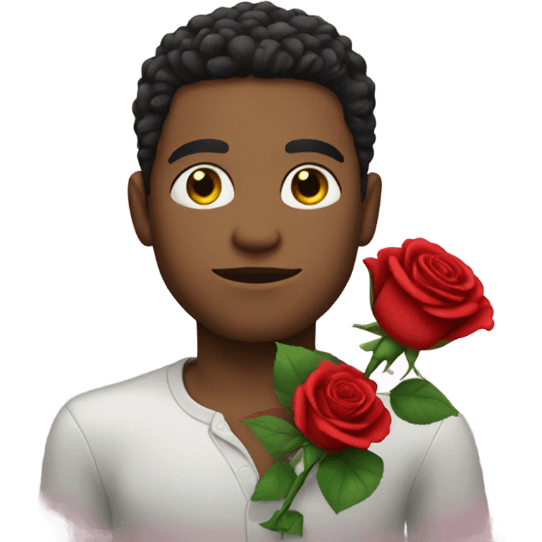 Light skin man woth green eyes holding a rose emoji