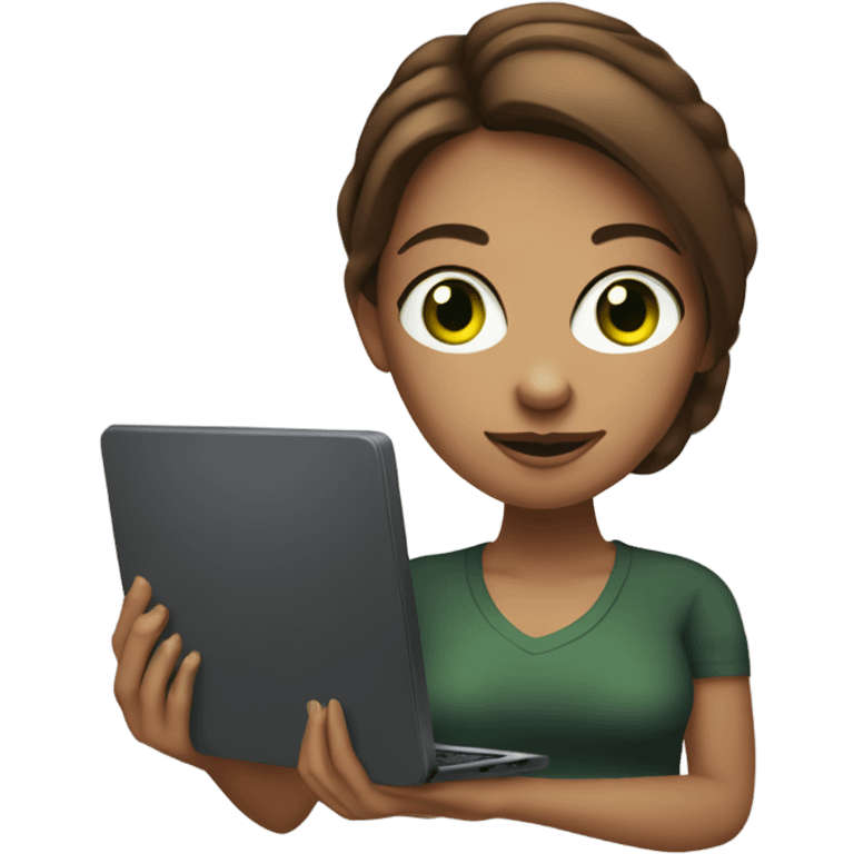 Web designer carrying a pc in her hands. white woman with medium-length brown hair, green eyes and freckles on her nose. emoji