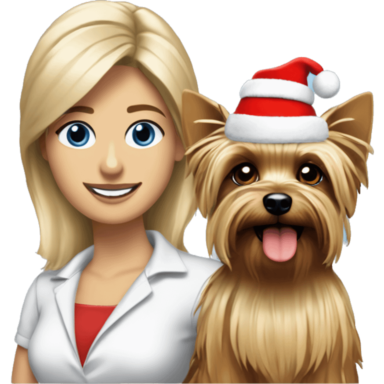 blonde woman blue eyes Yorkshire terrier wearing red santa hat standing with George Clooney  emoji