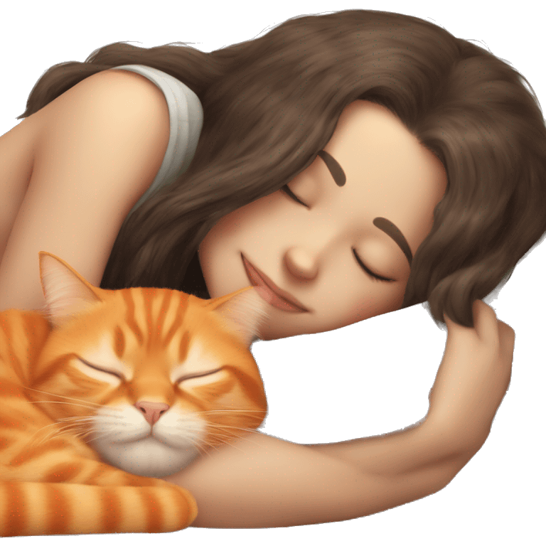 orange cat sleeping with long haired brunette girl emoji