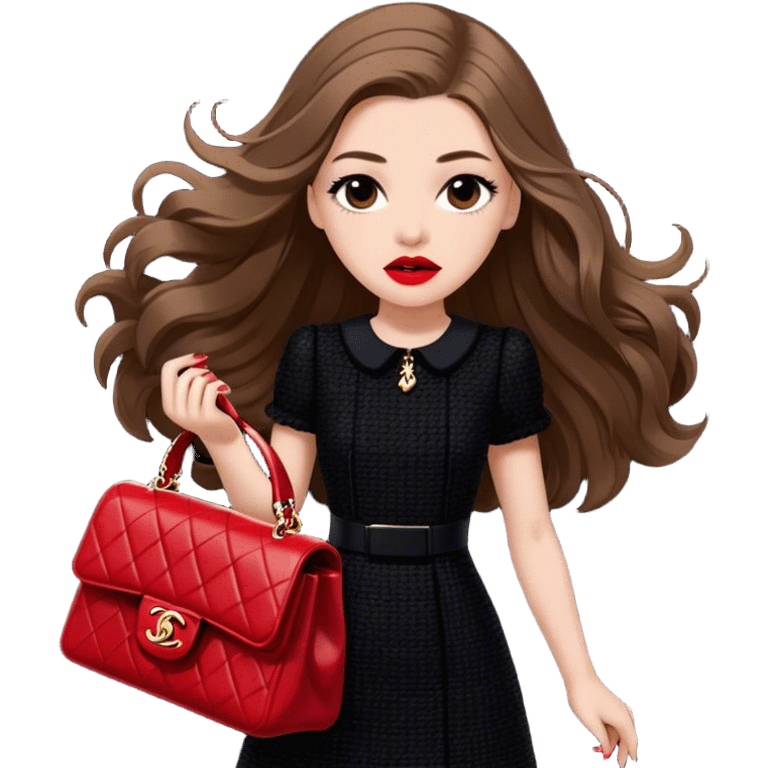 White girl with brown long hair dressed up in black chanel tweed dress carrying a red chanel bag and wearing red lipstick. Close up shot with wind blowing her hair looking fancy emoji