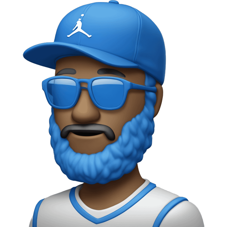 Homme de couleur blanc avec une petite barbe naissante portant des lunettes bleues , une casquette jordan bleu , un survêtement bleu emoji