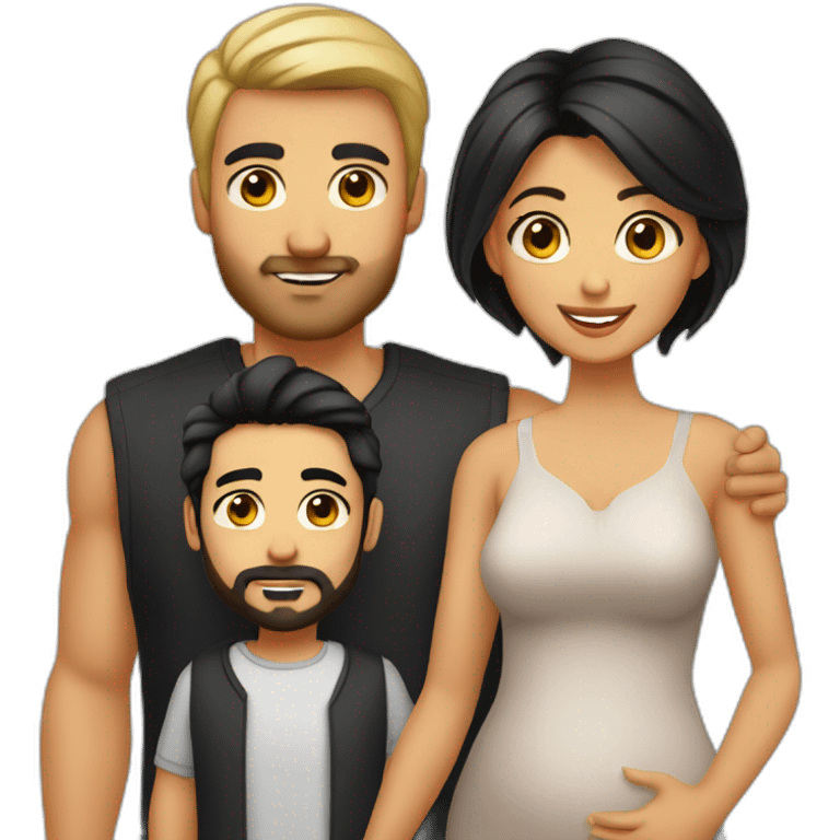 A family of a tanned male dad with black hair modern style and beard and his wife rounded face blonde hair and dark eyes and there is a baby emoji