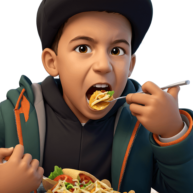 boy enjoying food in jacket emoji