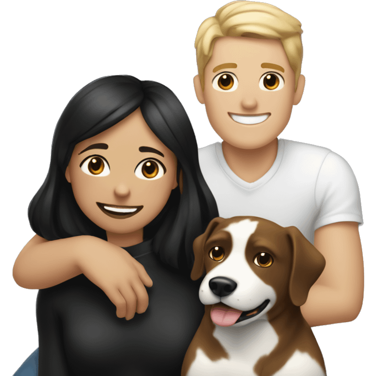 girl with white skin and black hair sitting next to tan guy with black hair smiling with a black and white dog and a brown dog  emoji