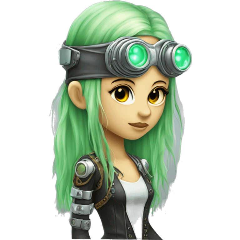 Light green long hair female cyborg head with silver steampunk goggles as a headband, circuits emoji