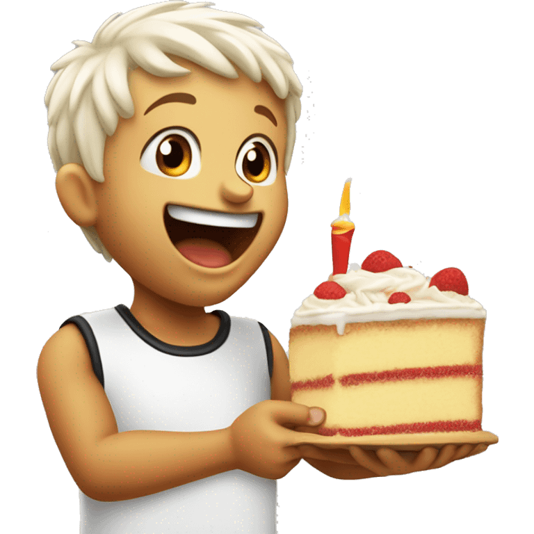 Create a Logo of A cute naughty kid whose face is full cream he has eaten the cake from and is holding on to a soccer football in his and is laughing innocently when asked what happened to the cake emoji