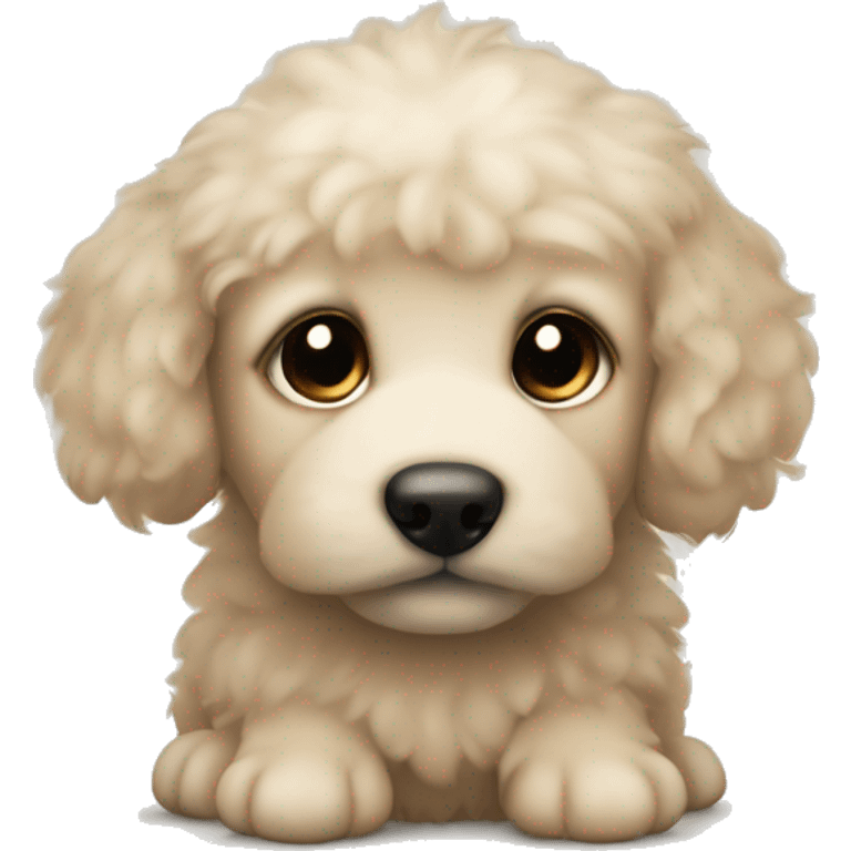 Small beige fluffy puppy with round floppy ears and black snout and ears emoji