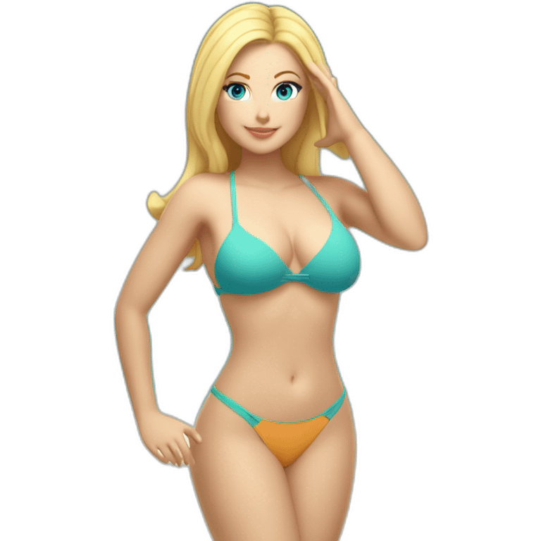 One curvy Caucasian woman with blue-eyes and blond-hairs bikini hands-in-hair-pose (wonderful beach body) full body with bikini emoji