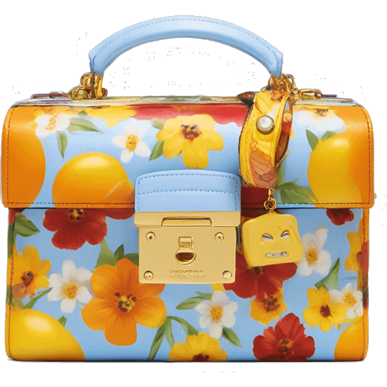 Dolce and Gabbana small box bag with colourful light blue lavender white yellow orange summer print dark red black and golden detais 2023 emoji