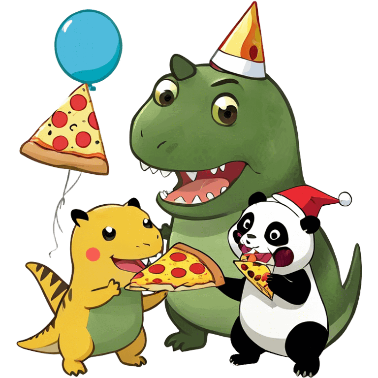 T-Rex eating a pizza With Pikachu Add a panda ￼￼￼￼ emoji