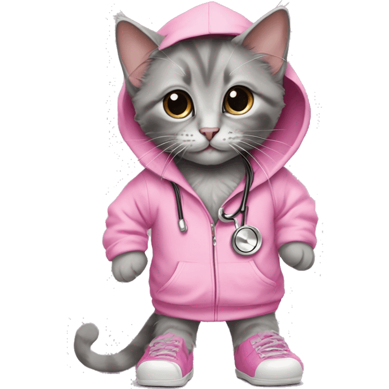 Rag doll kitten wearing oversized pink hoodie with rhinestones and a grey stethoscope and legs are wearing crocs emoji