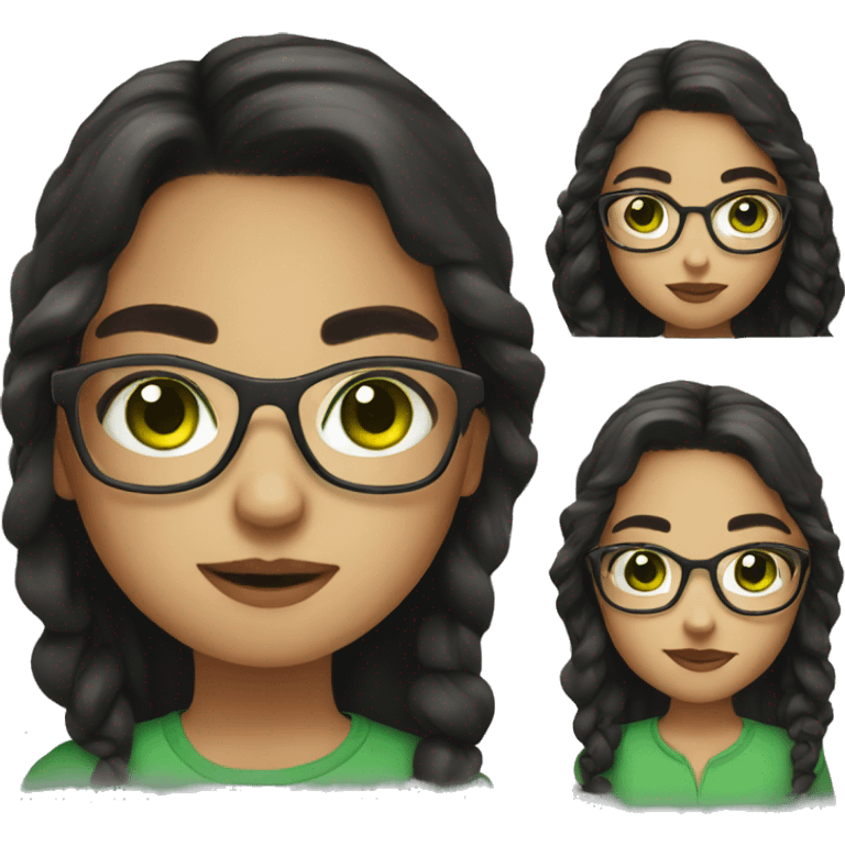 A girl with glasses and dark hair and green eyes  emoji