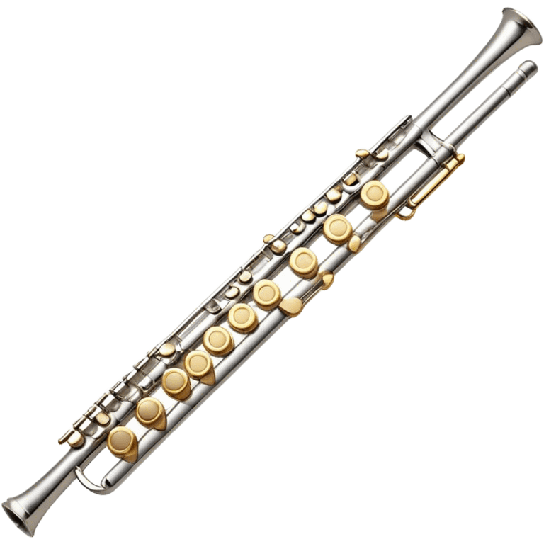 Cinematic Realistic Flute, polished silver metal with precise keywork, warm golden reflections dancing along its surface, soft hands carefully positioned over the keys, glowing with an elegant and airy charm. emoji