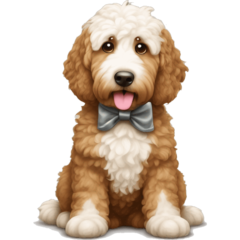 Brown and white golden doodle with bow emoji