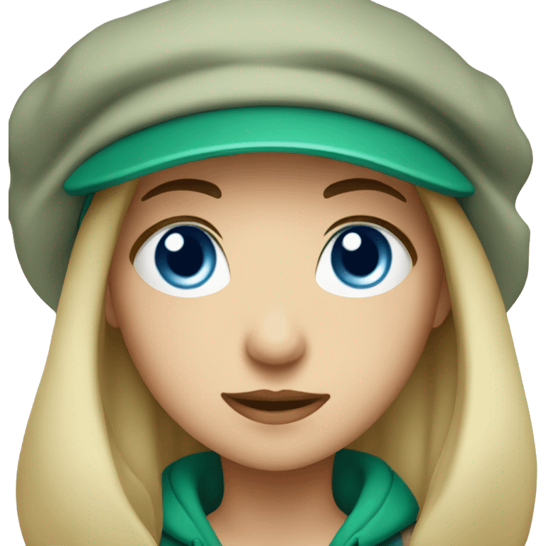 girl with dark hair and blue eyes in a green cap emoji