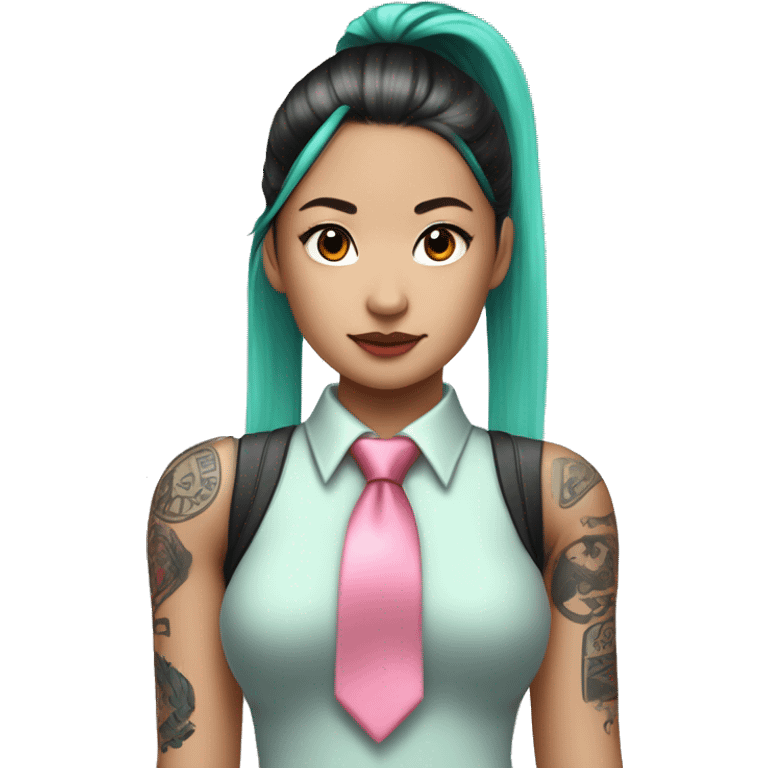 An Asian girl with long mint colored twin ponytail wearing a sleeveless silver shirt, a mint colored tie, and a black flared arm sleeve with a red 01 tattoo on her left arm has a pink square with a black border running through each ponytail emoji