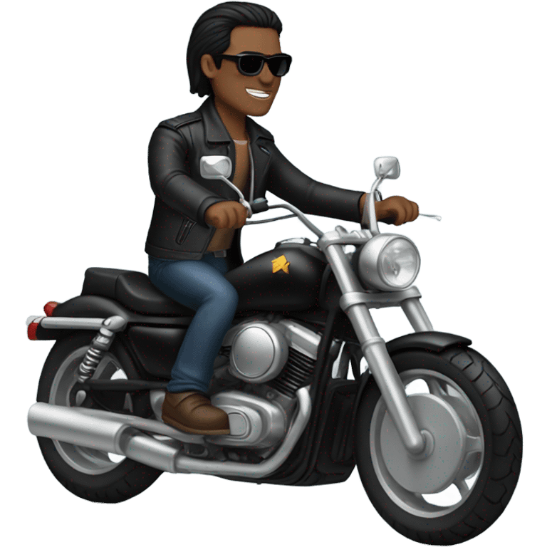 guy with black shoulder length hair, wearing sunglasses, riding a black motorcycle emoji