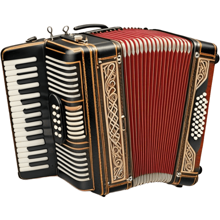 Cinematic Realistic image of a classic accordion, rendered with finely detailed textures and intricate keywork, set against a backdrop of soft, ambient lighting that highlights its vintage charm emoji