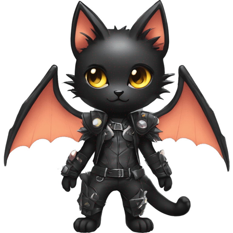 Shiny Chibi Cool Punk Black beautiful fantasy Kawaii Sona Fakemon-cat-animal with edgy bat-wings-ears Full Body emoji