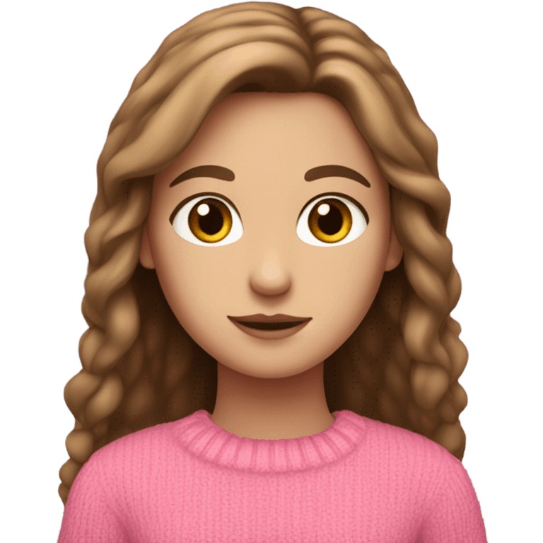 White girl with long brown hair and hazel eyes and wearing a pink sweater  emoji