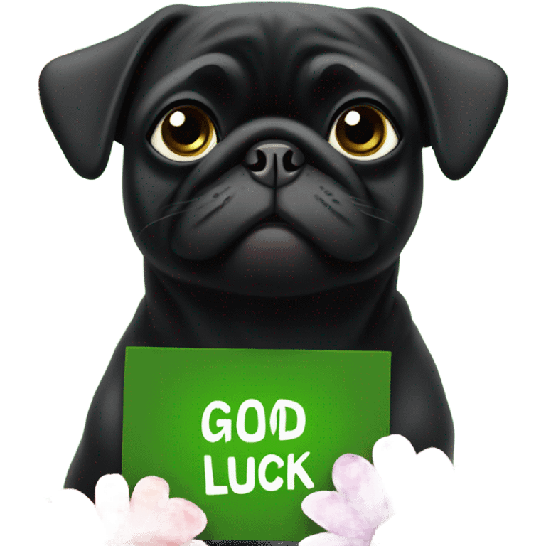 Black pug , surrounded by flowers, holding a green sign that says “good luck”  emoji