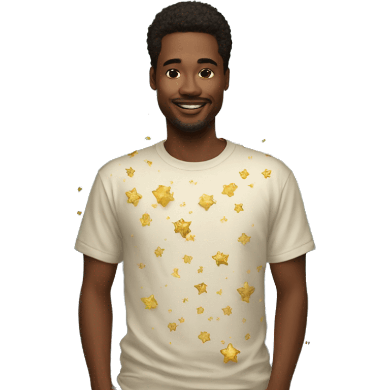 Person wearing t shirt filled with vintage detailed golden stars galaxies celestial emoji