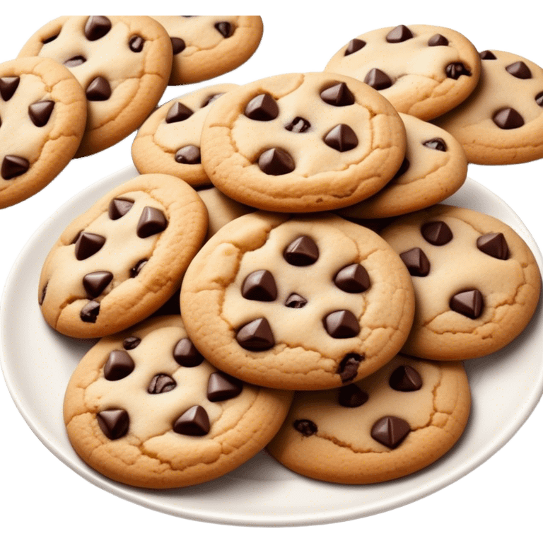 Cinematic Realistic Cookies Dessert Emoji, showcasing a plate of freshly baked cookies with gooey chocolate chips rendered with lifelike textures and warm, homey lighting. emoji