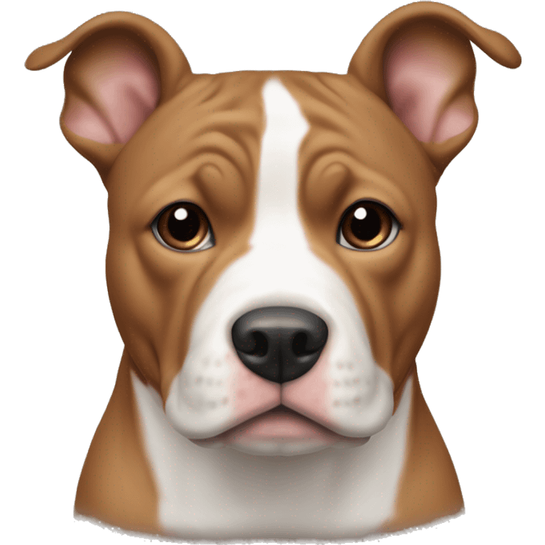 A light brown Stafford shire bull terrier with a white mark in the front of the chest and a white mark in between the eyebrows, from right above the nose and up to the eyebrows emoji