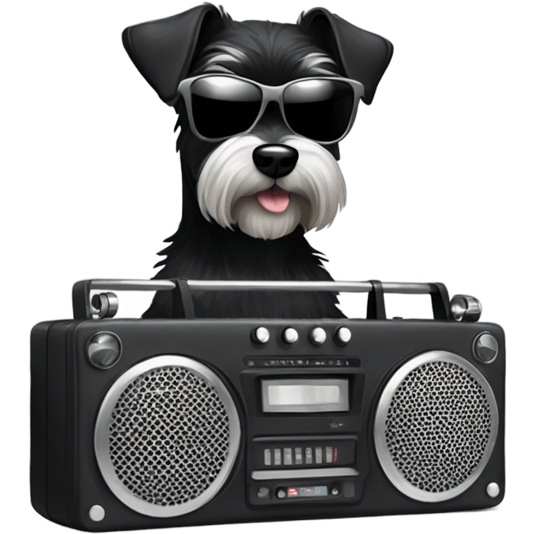 Black mini schnauzer in sunglasses holding a boombox emoji