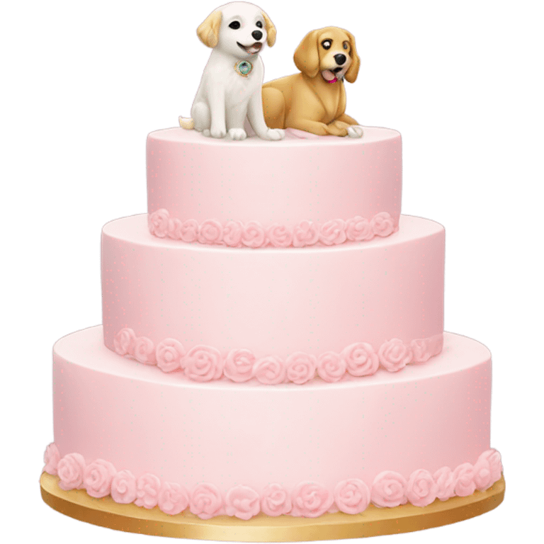 pink wedding cake with a golden retriever and white cat figures on top  emoji