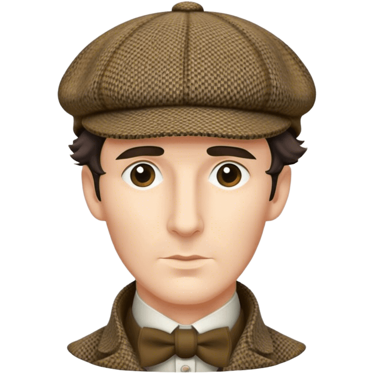 sherlock holmes, wearing a deerstalker hat with the fabric is often tweed, which features a subtle checkered or herringbone pattern with darker and lighter threads woven together, creating texture and depth.  emoji