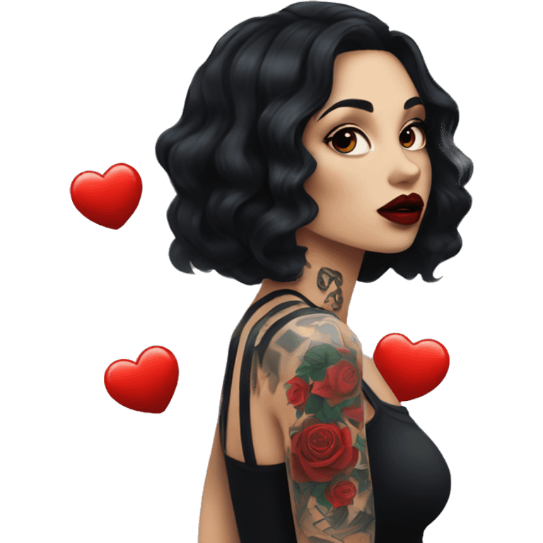 Pale black haired girl with black tattoos on body wearing red lipstick  emoji