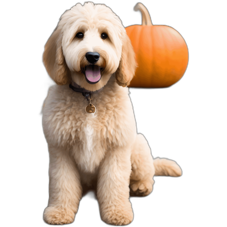 A goldendoodle with black and grey spots, sitting by a jackolantern emoji