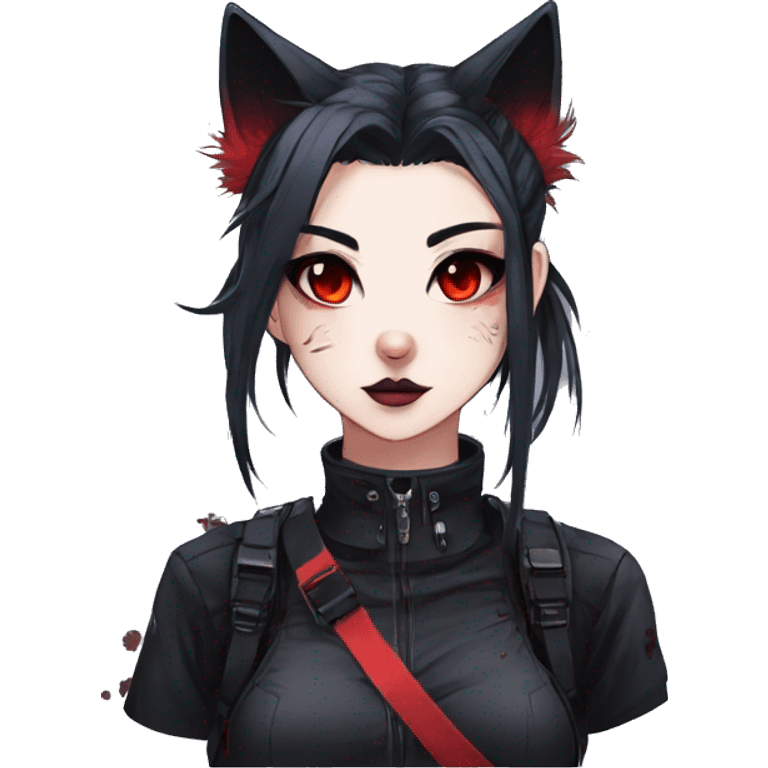 Gorgeous gothic dark techwear anime style anthro cat with blushing face aesthetic and pretty edgy black red punk messy ponytail hair with collar and harness trending style emoji