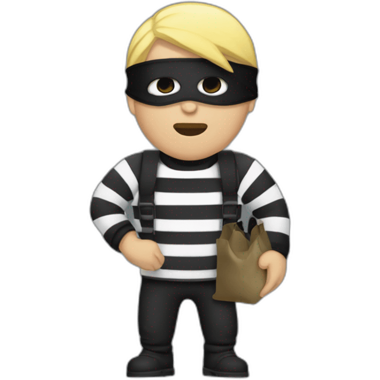 robber with blonde hair wearing a black beanie and a long sleeved white and black horizontally striped t-shirt and wearing black eye mask and holding and a bag of money in their left shoulder emoji