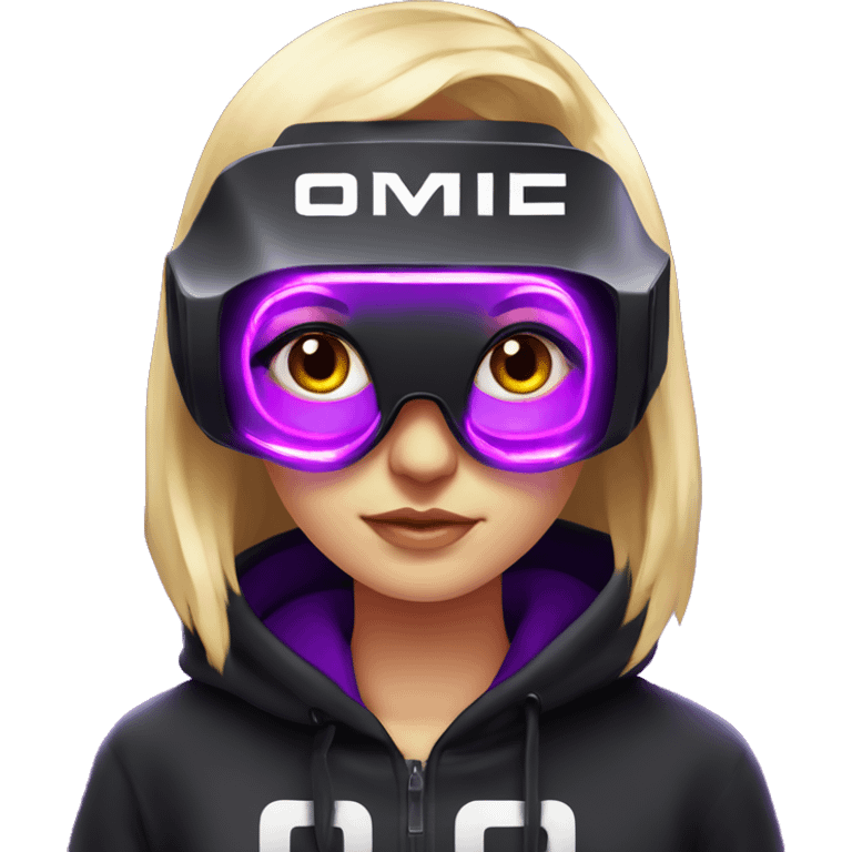 Russian cute blond girl wearing black hoody with violet letters "OMG", in vr headset. Cyberpunk style. Violet neon. emoji