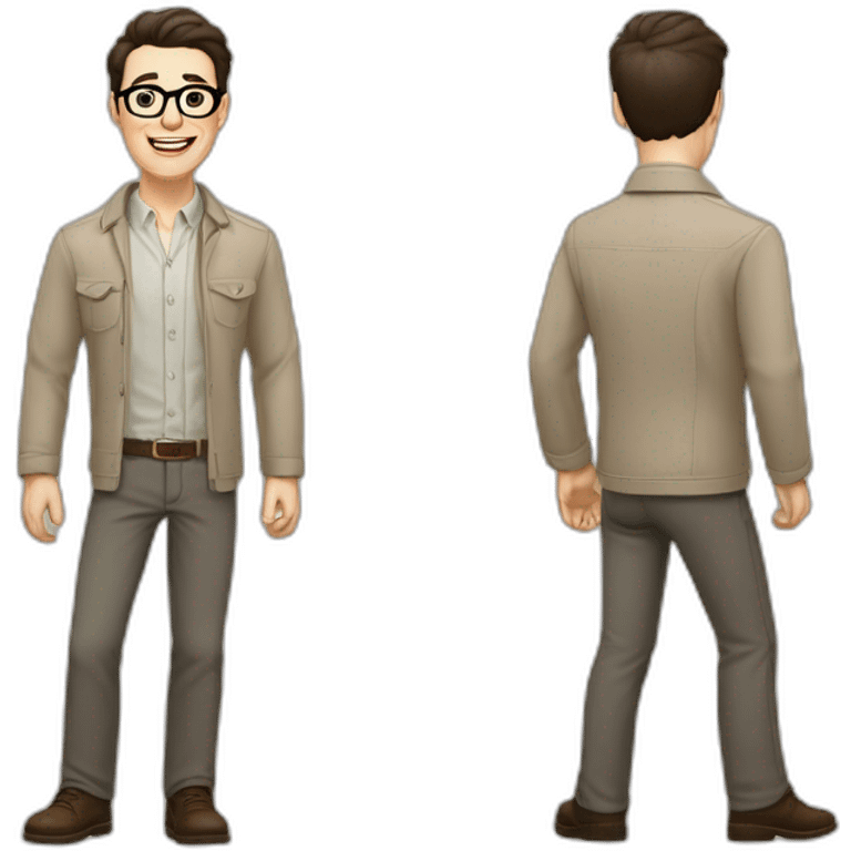 Joyful Full height Pale skinned Fit Man With dark brown hair in gray jacket, beige office shirt, Brown pants and vintage glasses. His thrumbs up emoji