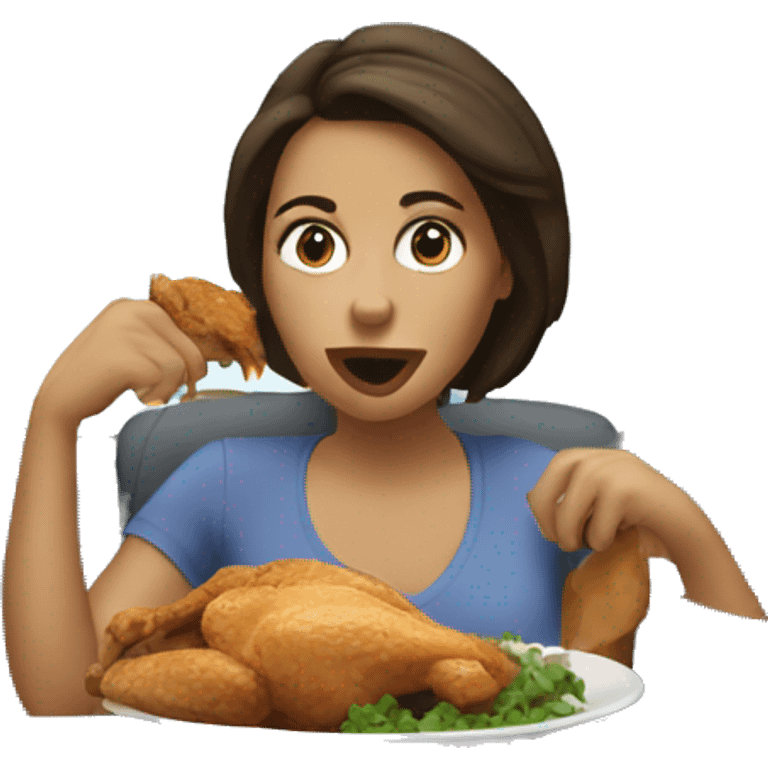 White, brunette woman eating chicken in the car emoji